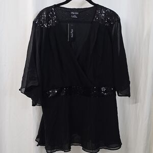 City Chic M XL 1X 18 Black Chiffon Layered  Sequin Surplice Flutter Blouse Top